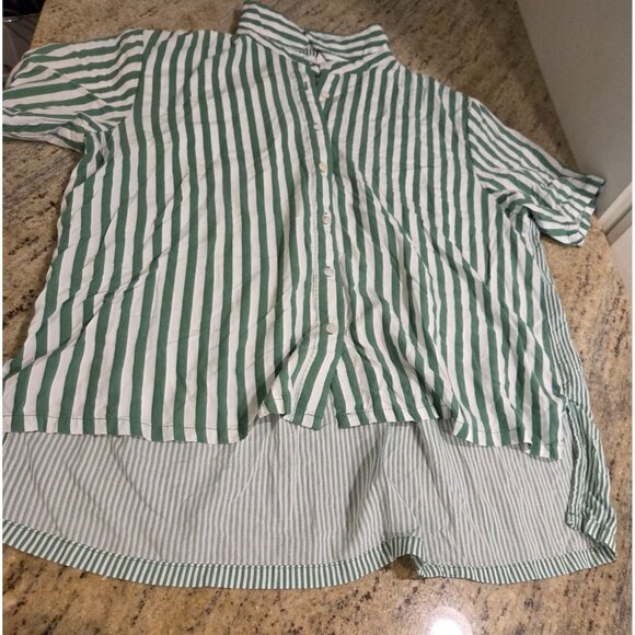 Jane + Delancey Button Down Shirt Women L Green Stripe Short Sleeve High Low Hem - Picture 7 of 13